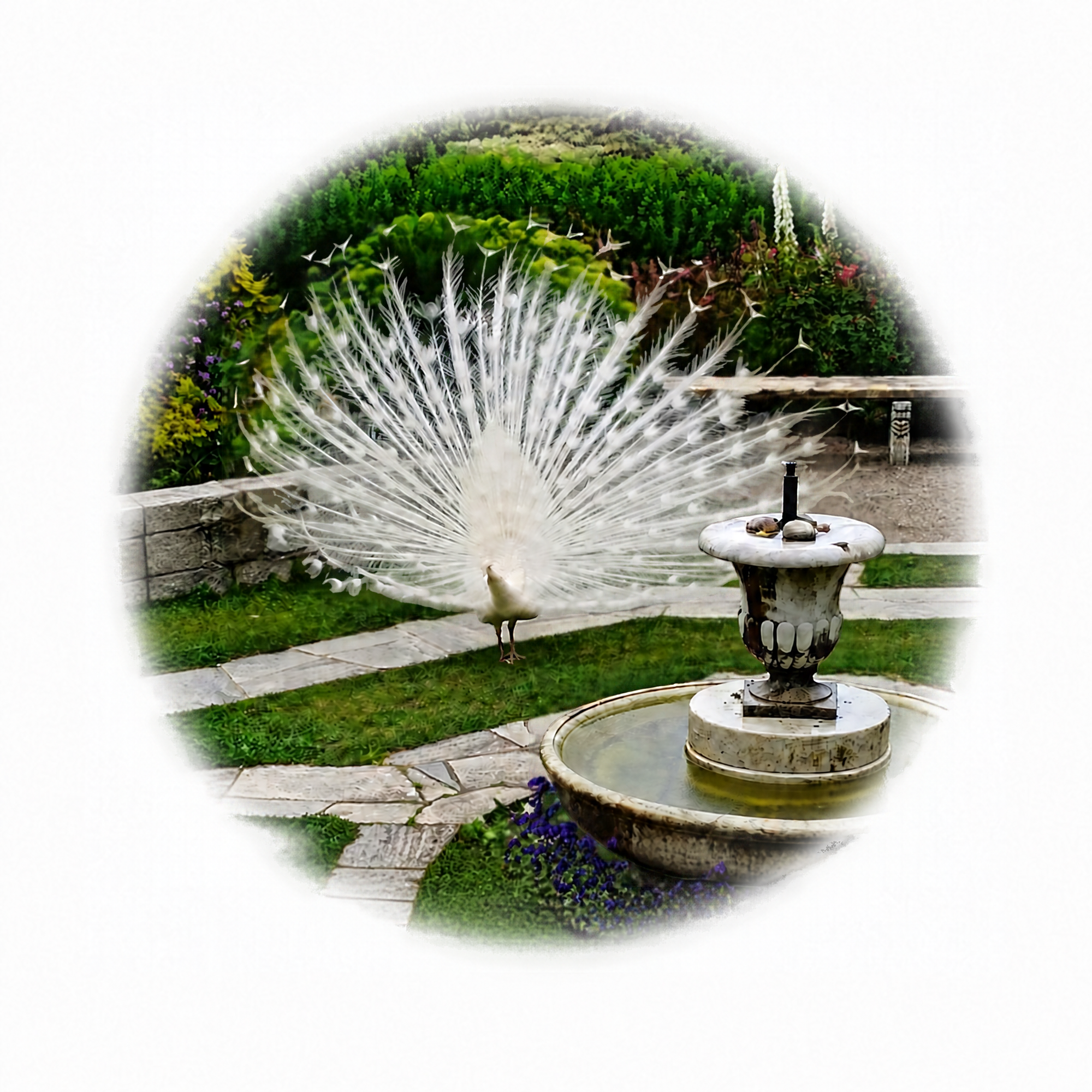 Immagine di pavone bianco con fontana
