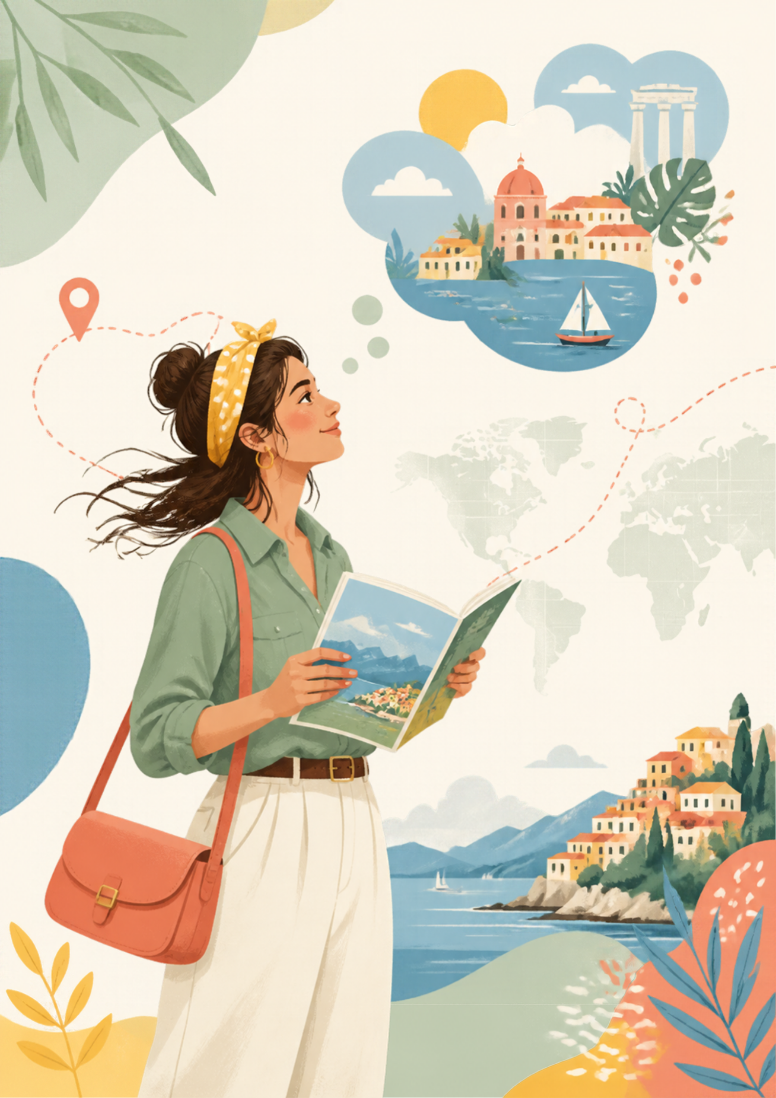 donna stile fumetto con guida in mano che immagina il suo prossimo viaggio